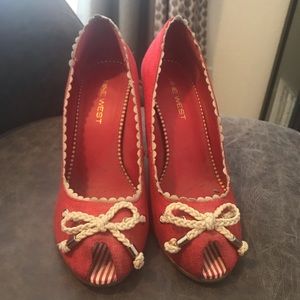Nine West Red Canvas Peep Toe Heels